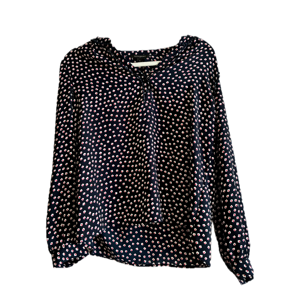 Banana Republic SplitNeck Long Sleeve Ruffle Blouse Navy Red Floral Geometric